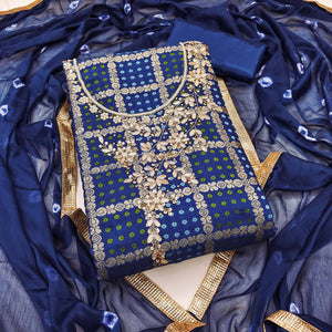 Blue Bandhani Woven With Handwork Cotton Silk Banarasi Dress Material