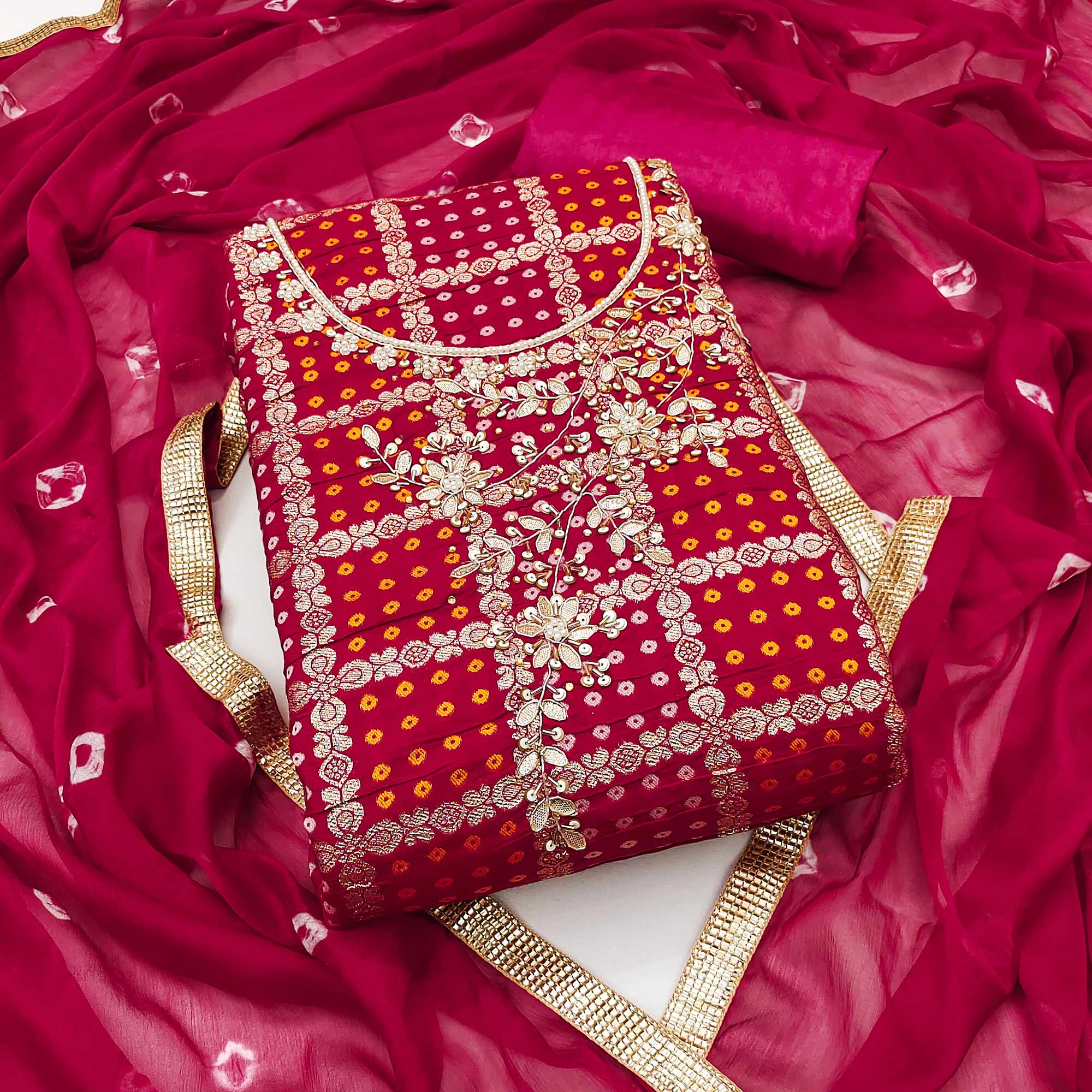 Pink Bandhani Woven With Handwork Cotton Silk Banarasi Dress Material