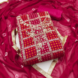 Pink Bandhani Woven With Handwork Cotton Silk Banarasi Dress Material