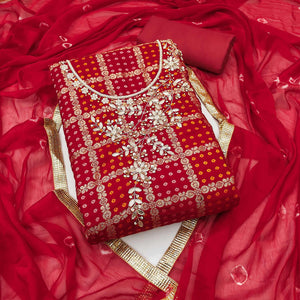 Red Bandhani Woven With Handwork Cotton Silk Banarasi Dress Material