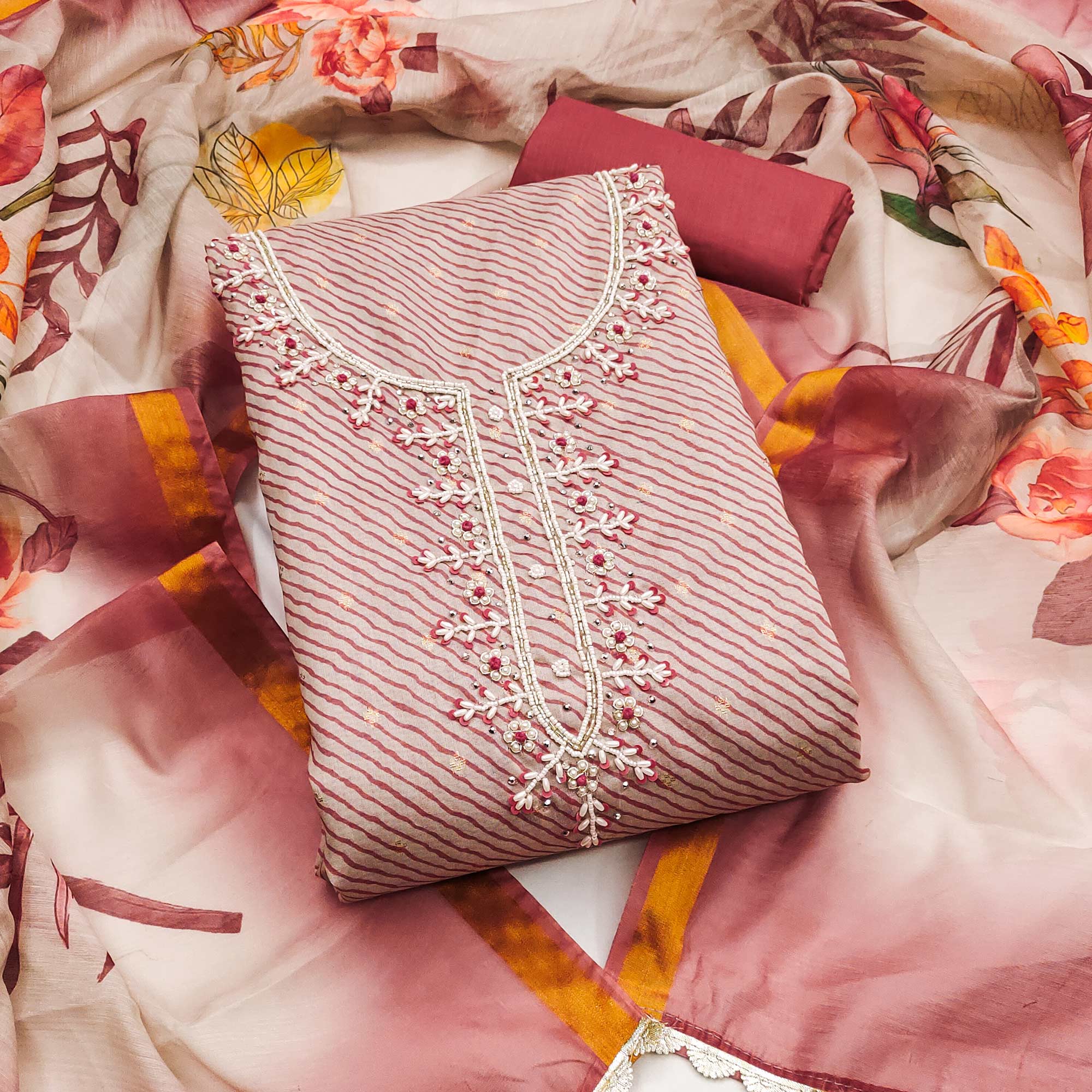 Dark Peach Digital Printed With Handwork Modal Chanderi Silk Dress Material