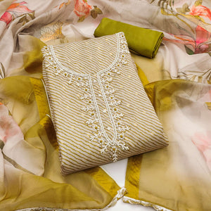 Olive Digital Printed With Handwork Modal Chanderi Silk Dress Material