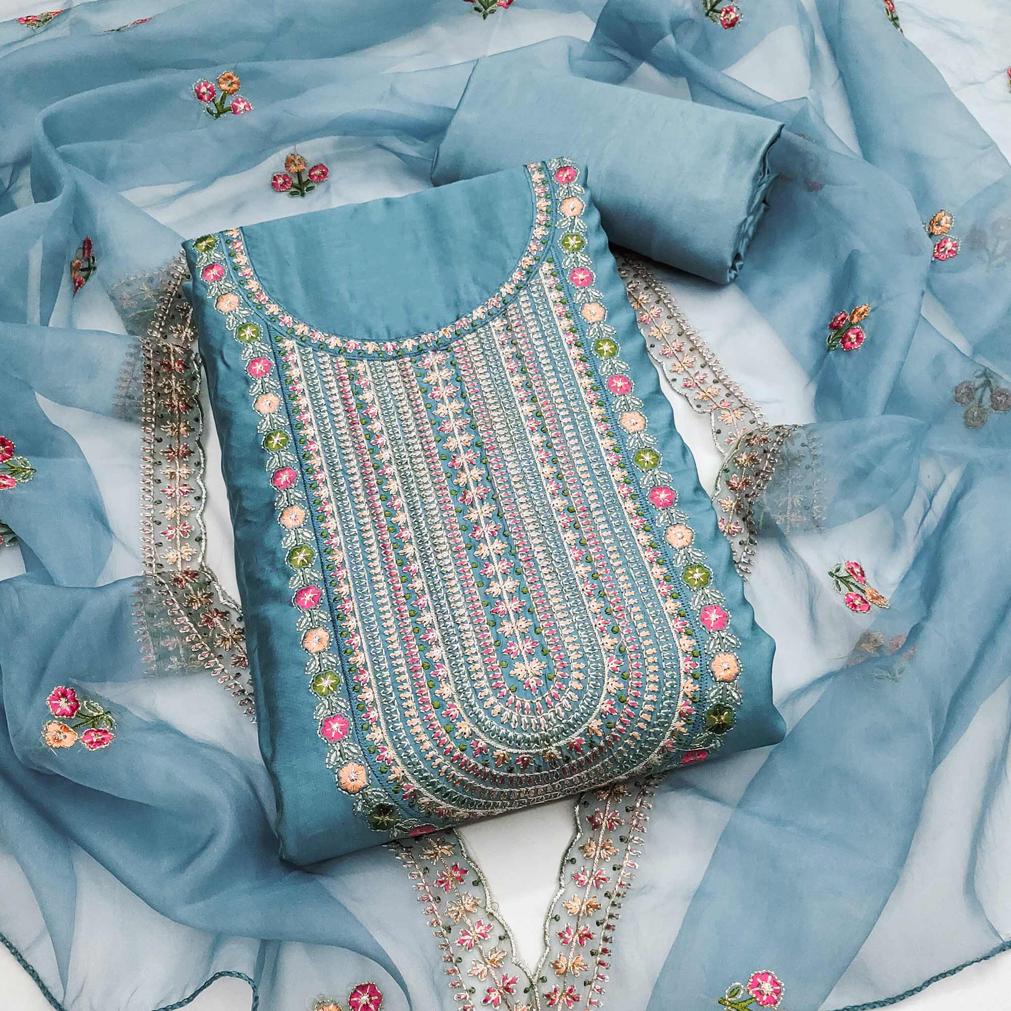 Blue Floral Embroidered Roman Cotton Silk Dress Material