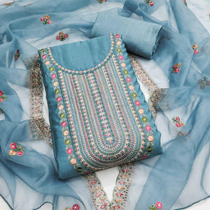 Blue Floral Embroidered Roman Cotton Silk Dress Material