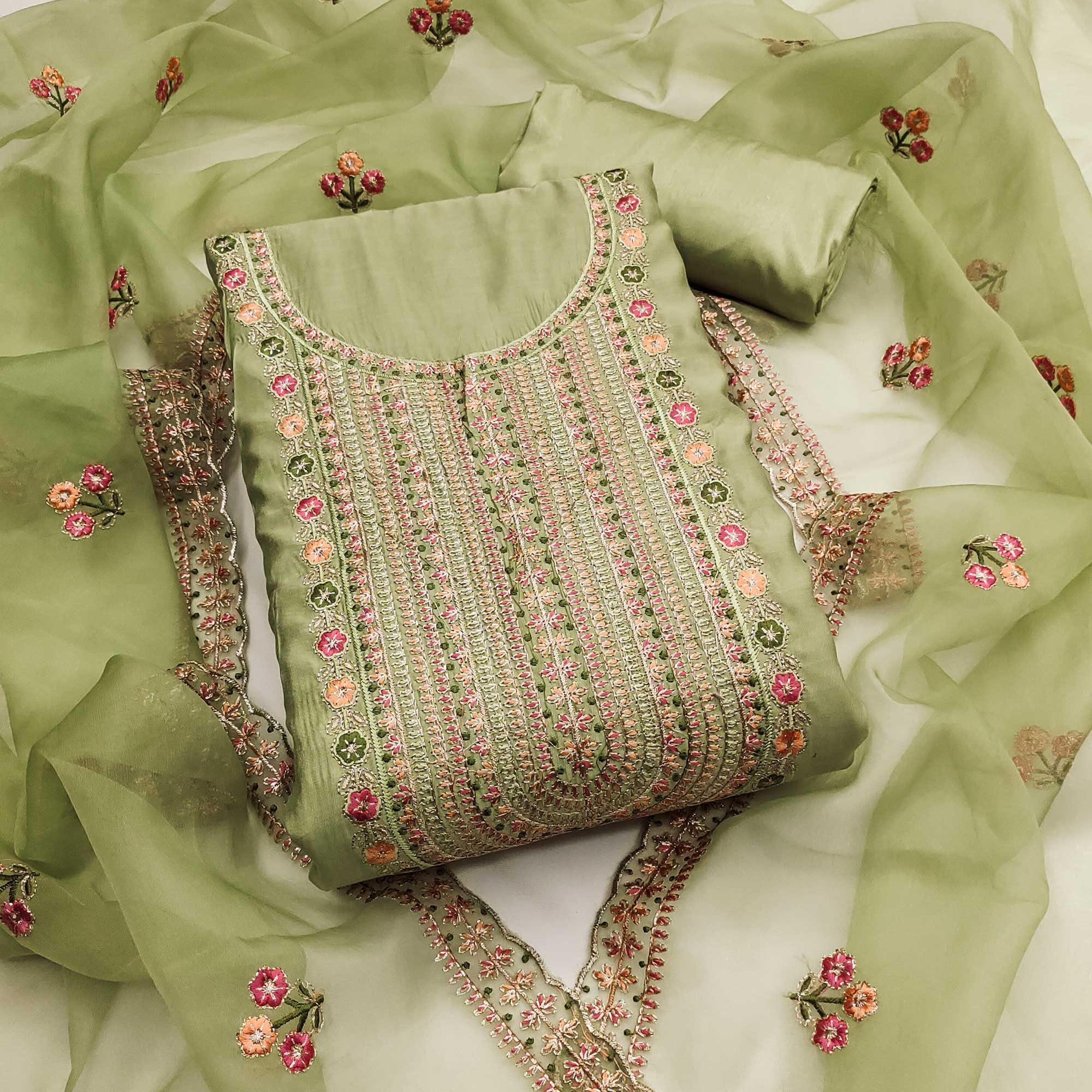 Green Floral Embroidered Roman Cotton Silk Dress Material