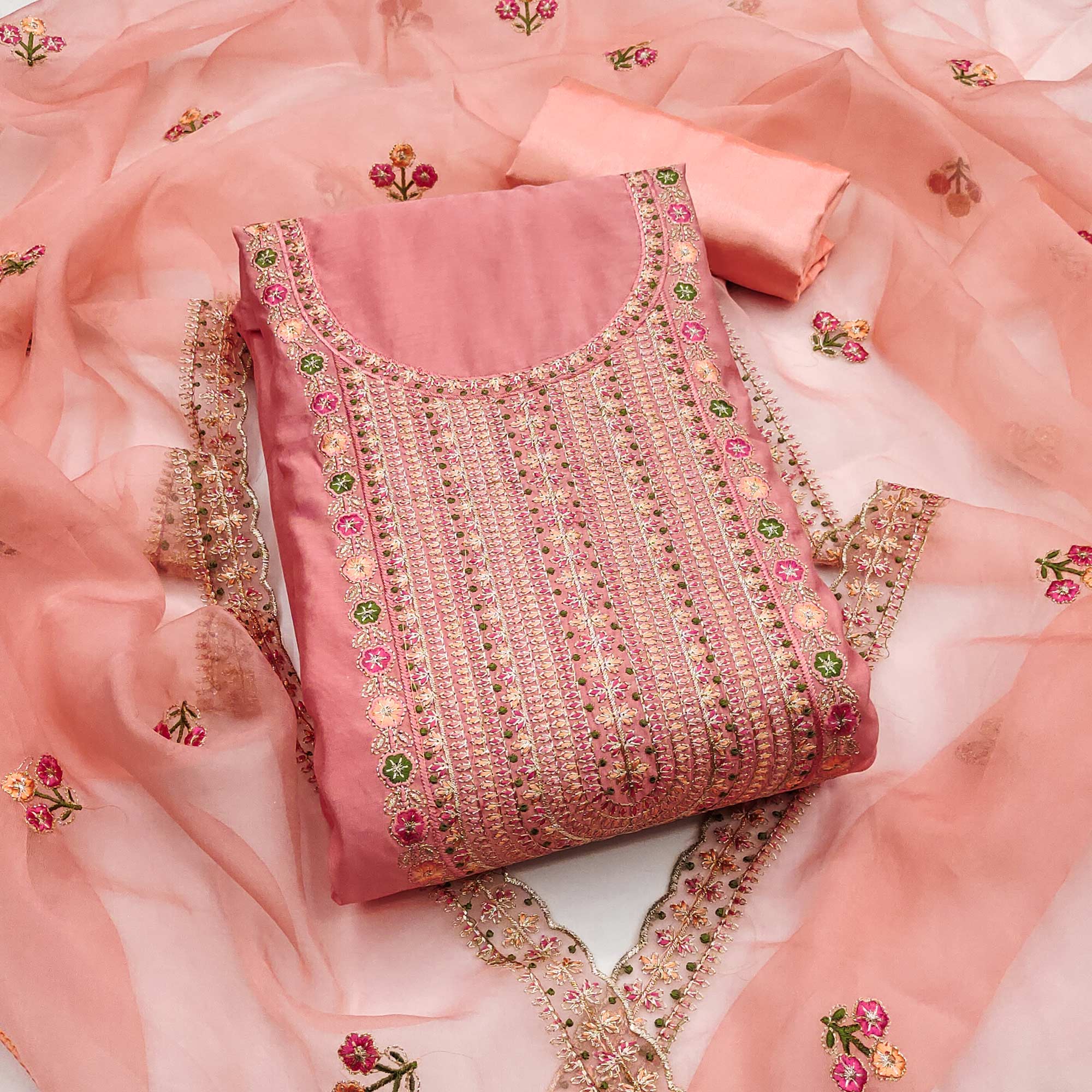 Peach Floral Embroidered Roman Cotton Silk Dress Material