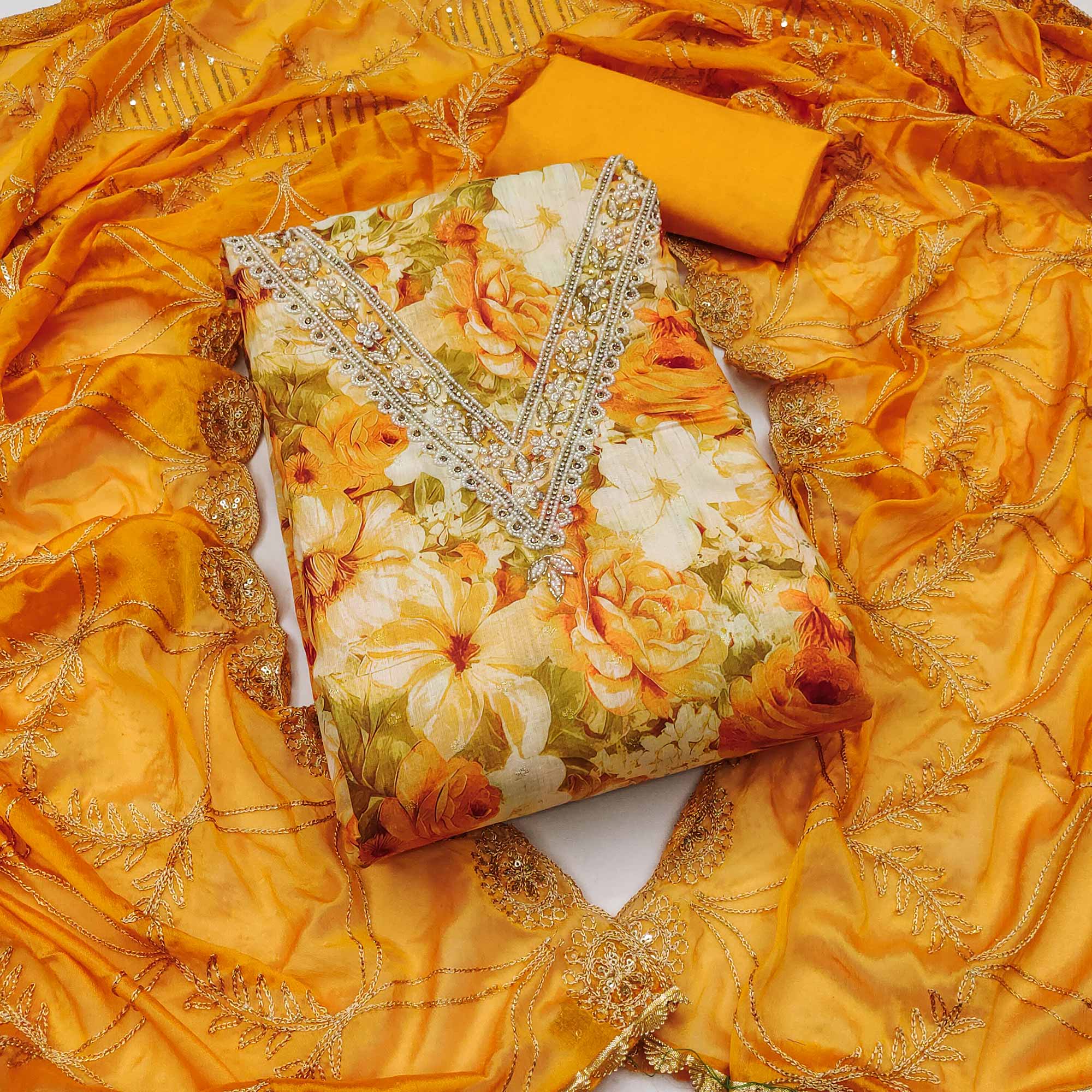 Mustard Digital Printed With Handwork Viscose Banarasi Dress Material