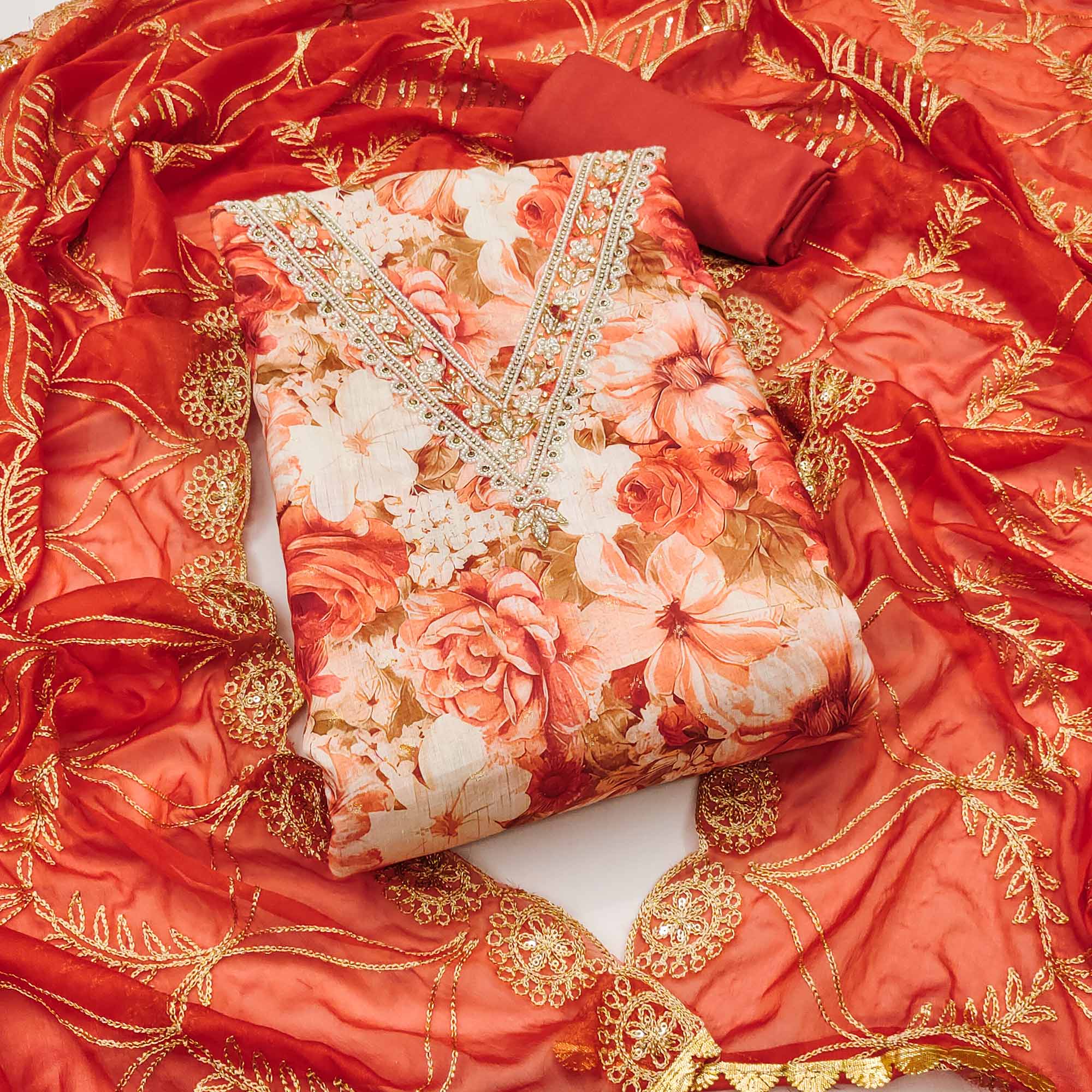 Orange Digital Printed With Handwork Viscose Banarasi Dress Material