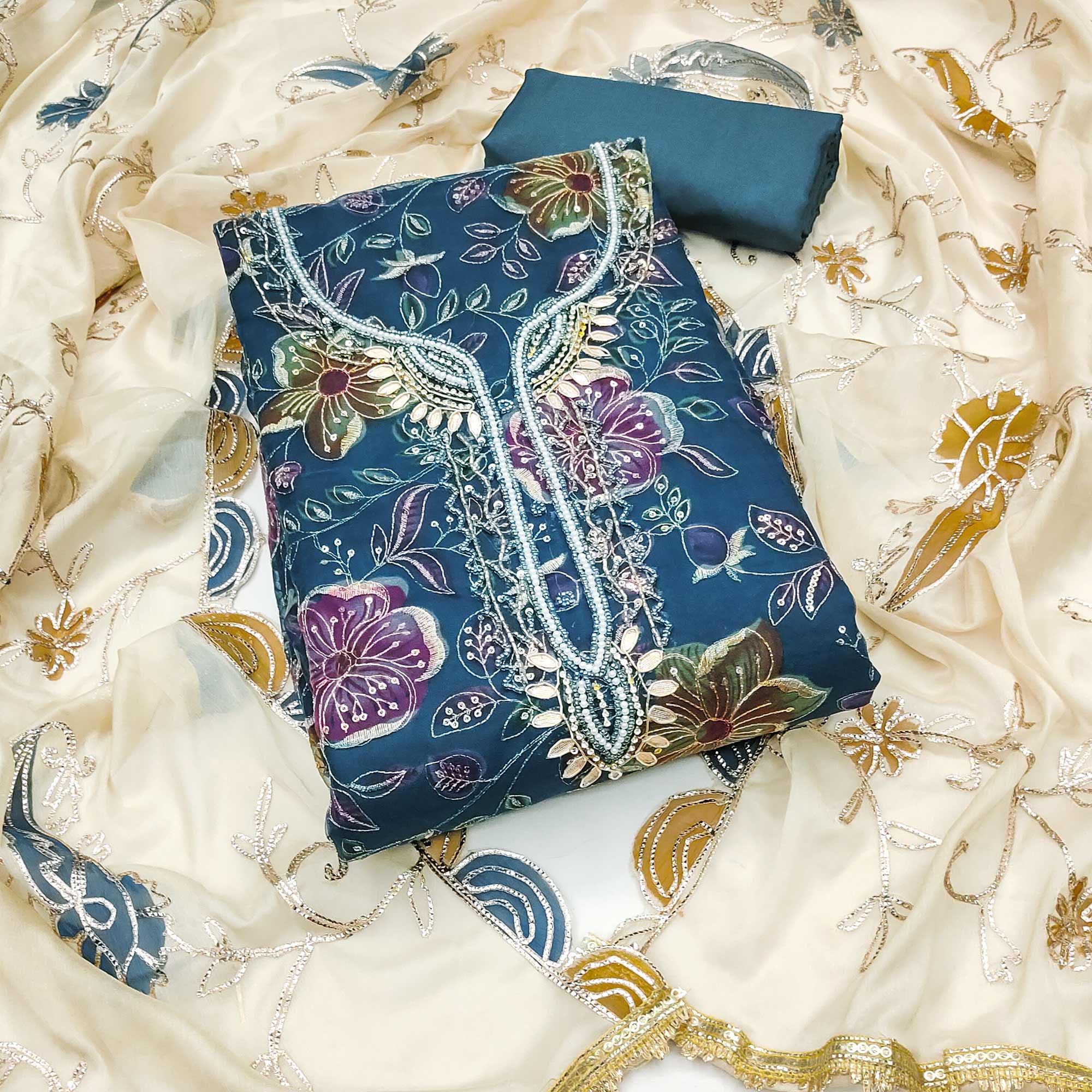 Blue Sequins Embroidery With Handwork Organza Dress Material