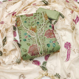 Green Sequins Embroidery With Handwork Organza Dress Material