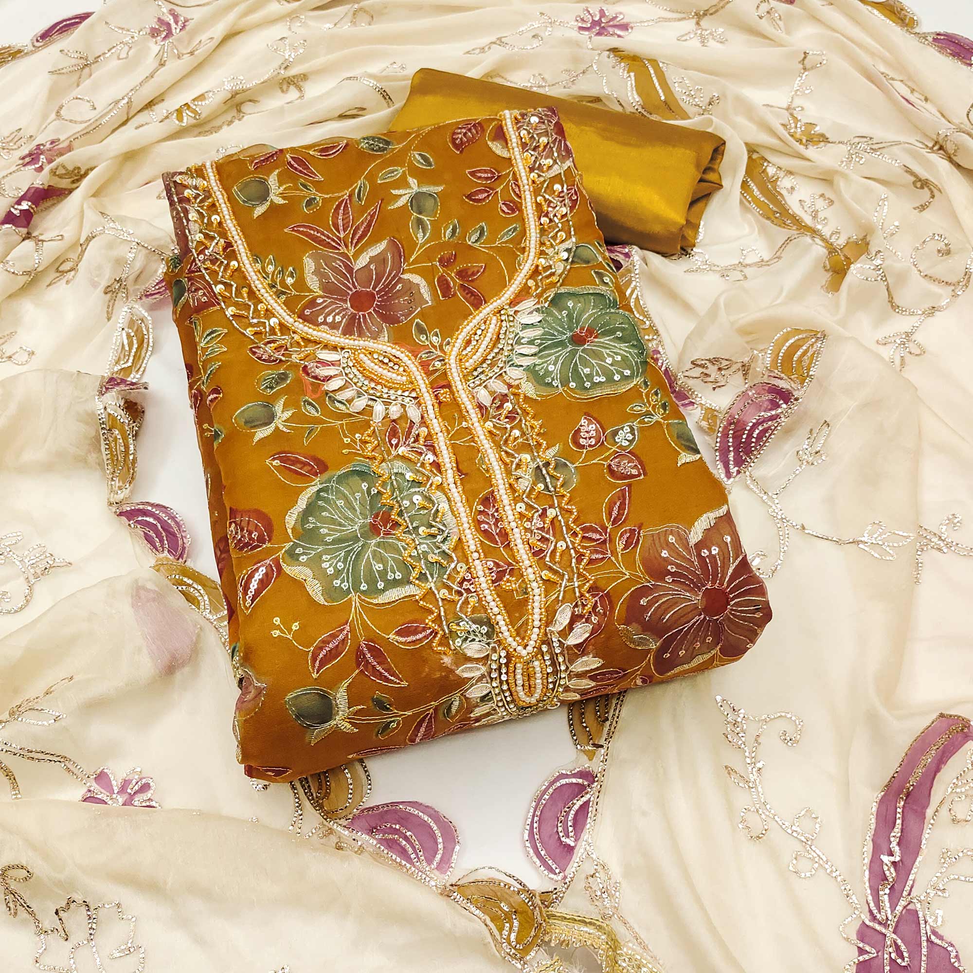 Mustard Sequins Embroidery With Handwork Organza Dress Material