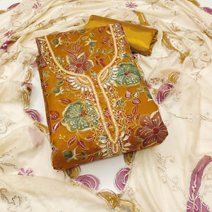 Mustard Sequins Embroidery With Handwork Organza Dress Material