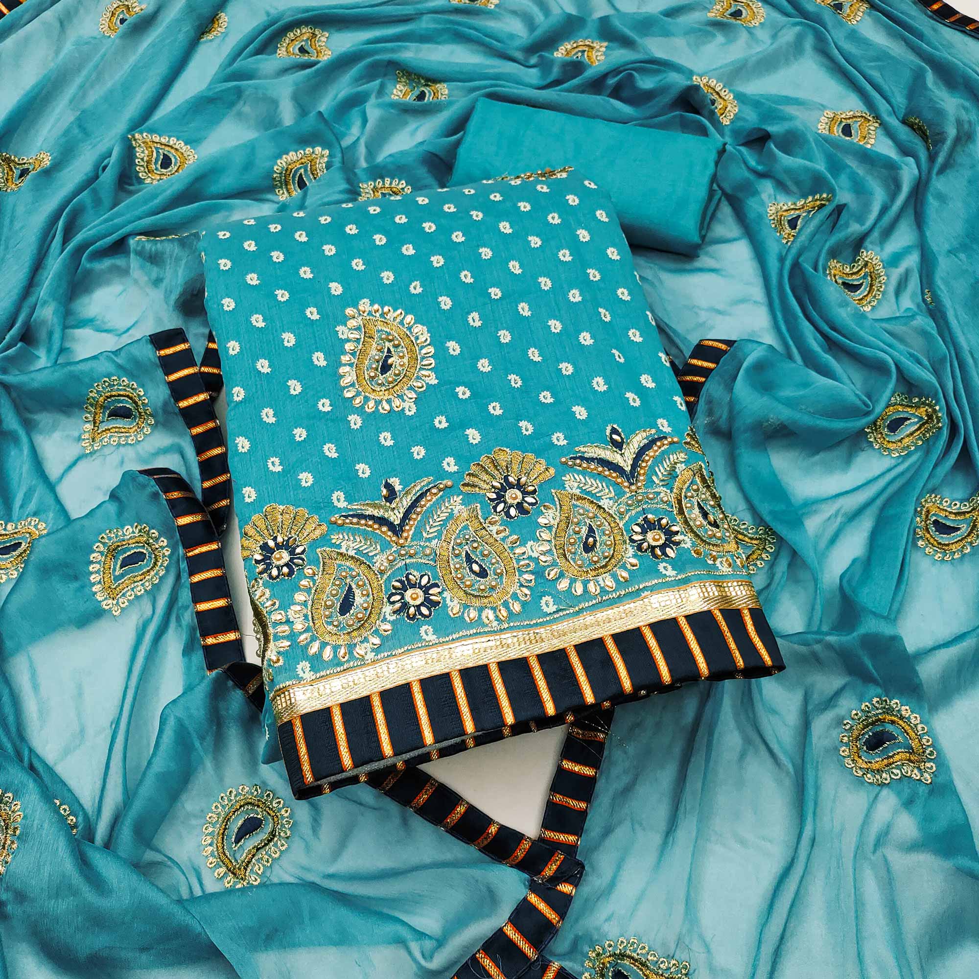 Blue Zari Embroidery With Hand Printed Modal Chanderi Silk Dress Material