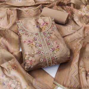 Brown Floral Digital Printed With Handwork Viscose Dress Material