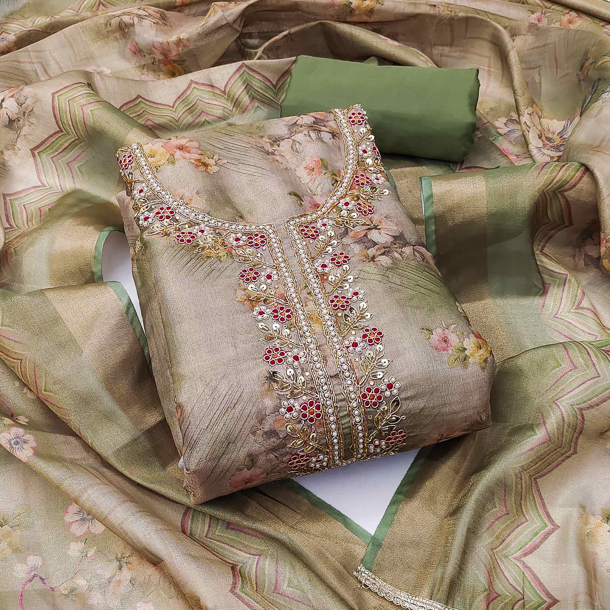 Green Floral Digital Printed With Handwork Viscose Dress Material