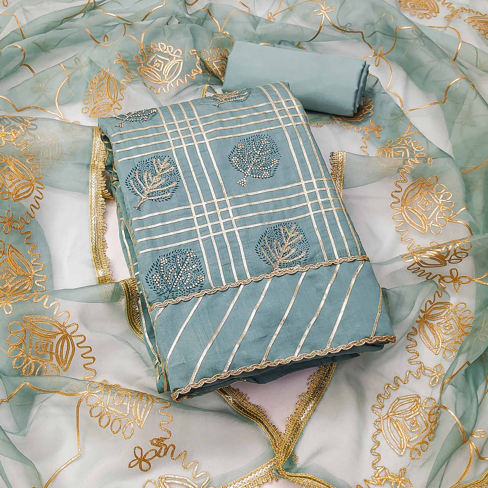 Blue Printed With Gota Patti & Stonework Roman Cotton Silk Dress Material