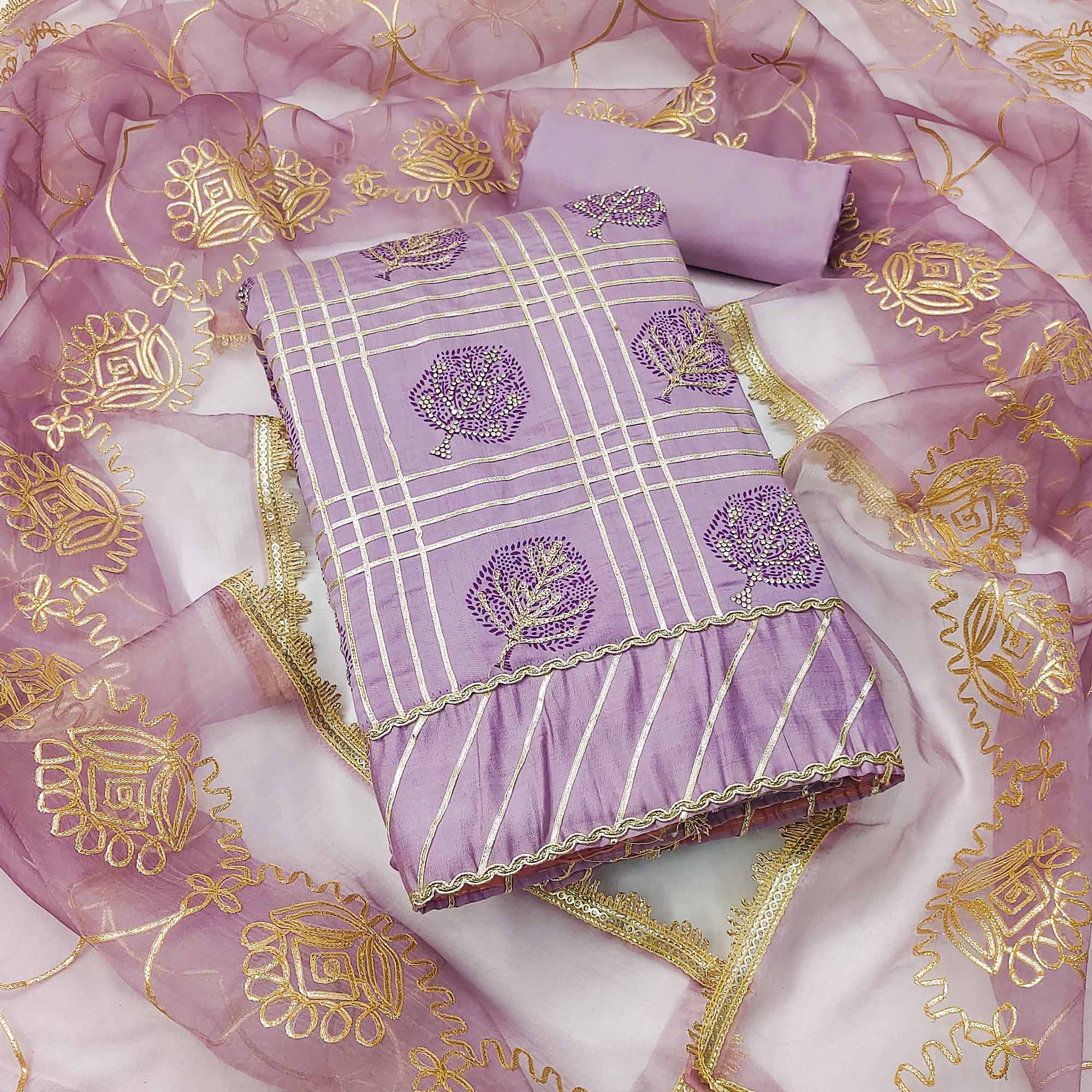 Lavender Printed With Gota Patti & Stonework Roman Cotton Silk Dress Material