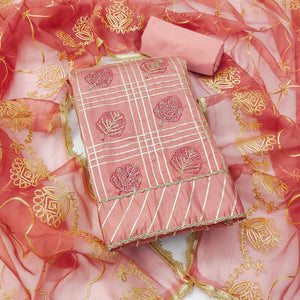 Peach Printed With Gota Patti & Stonework Roman Cotton Silk Dress Material