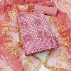 Pink Printed With Gota Patti & Stonework Roman Cotton Silk Dress Material