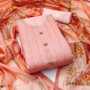 Peach Hand Printed With Gota Patti Work Chanderi Silk Dress Material