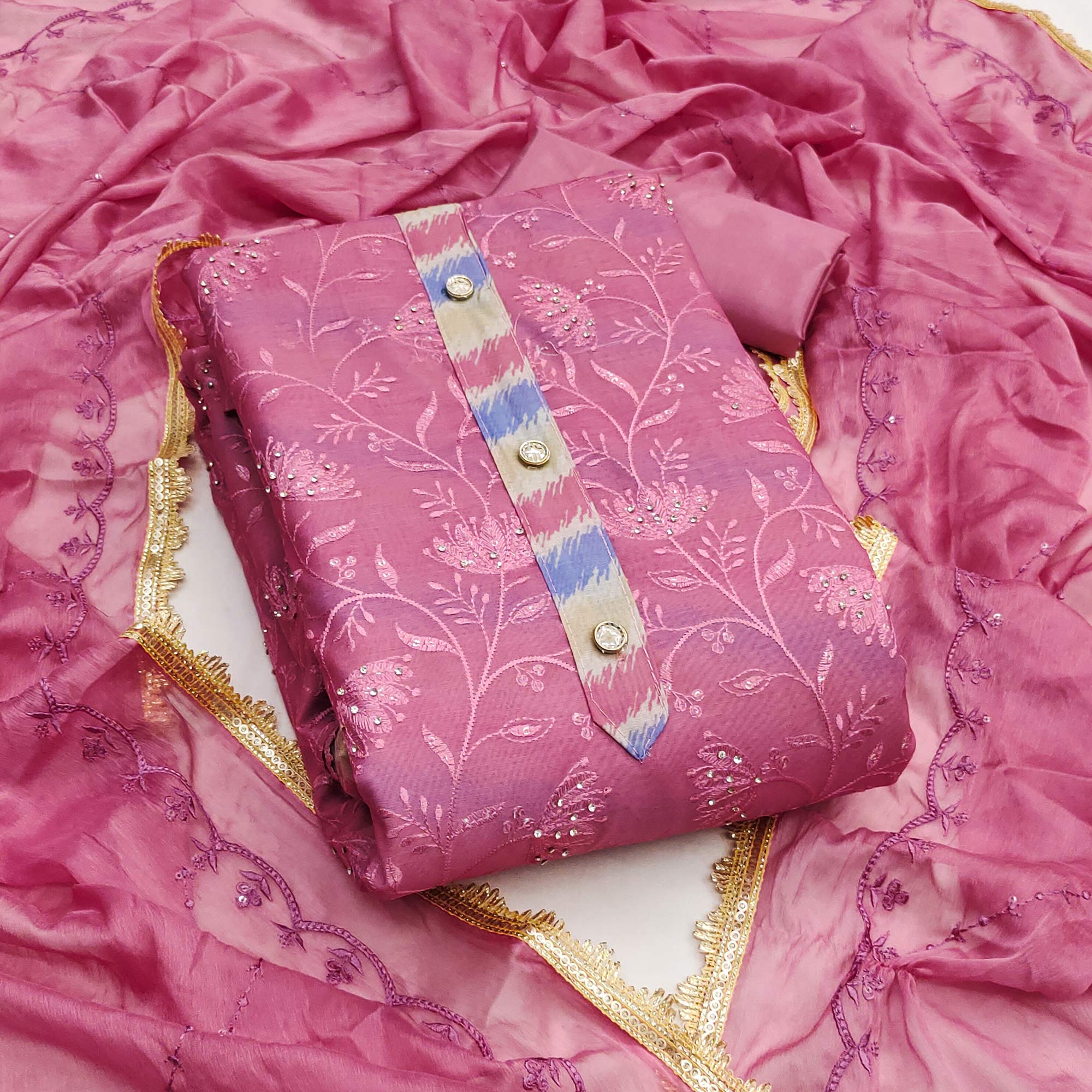 Pink Floral Embroidery With Digital Printed Chanderi Silk Dress Material