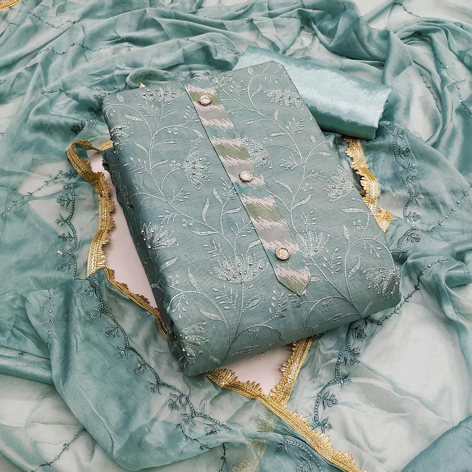 Sage Blue Floral Embroidery With Digital Printed Chanderi Silk Dress Material