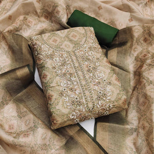 Mehendi Green Digital Printed With Hand Embroidered Cotton Silk Dress Material