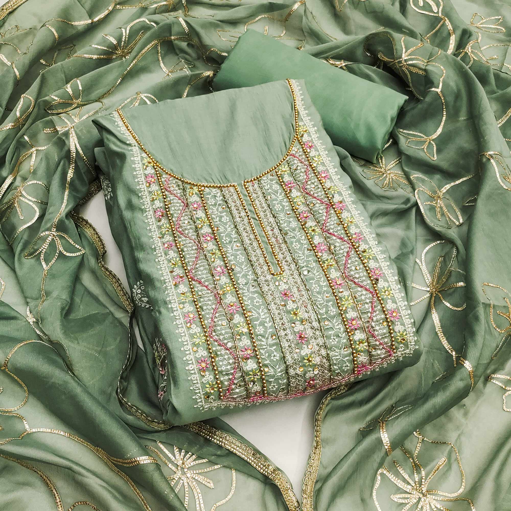 Green Floral Sequins Embroidery With Handwork Cotton Silk Dress Material