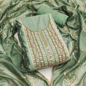 Green Floral Sequins Embroidery With Handwork Cotton Silk Dress Material