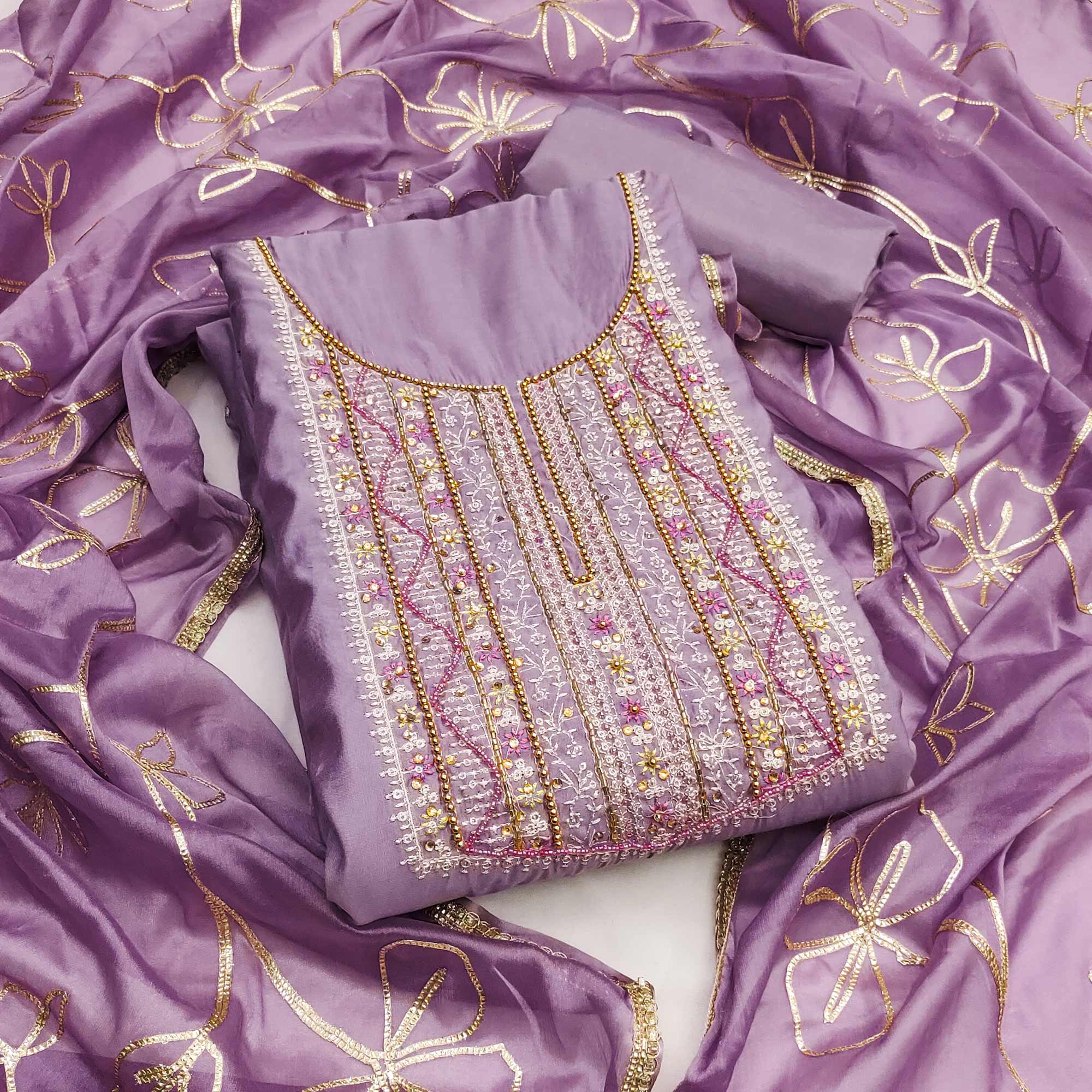 Lavender Floral Sequins Embroidery With Handwork Cotton Silk Dress Material