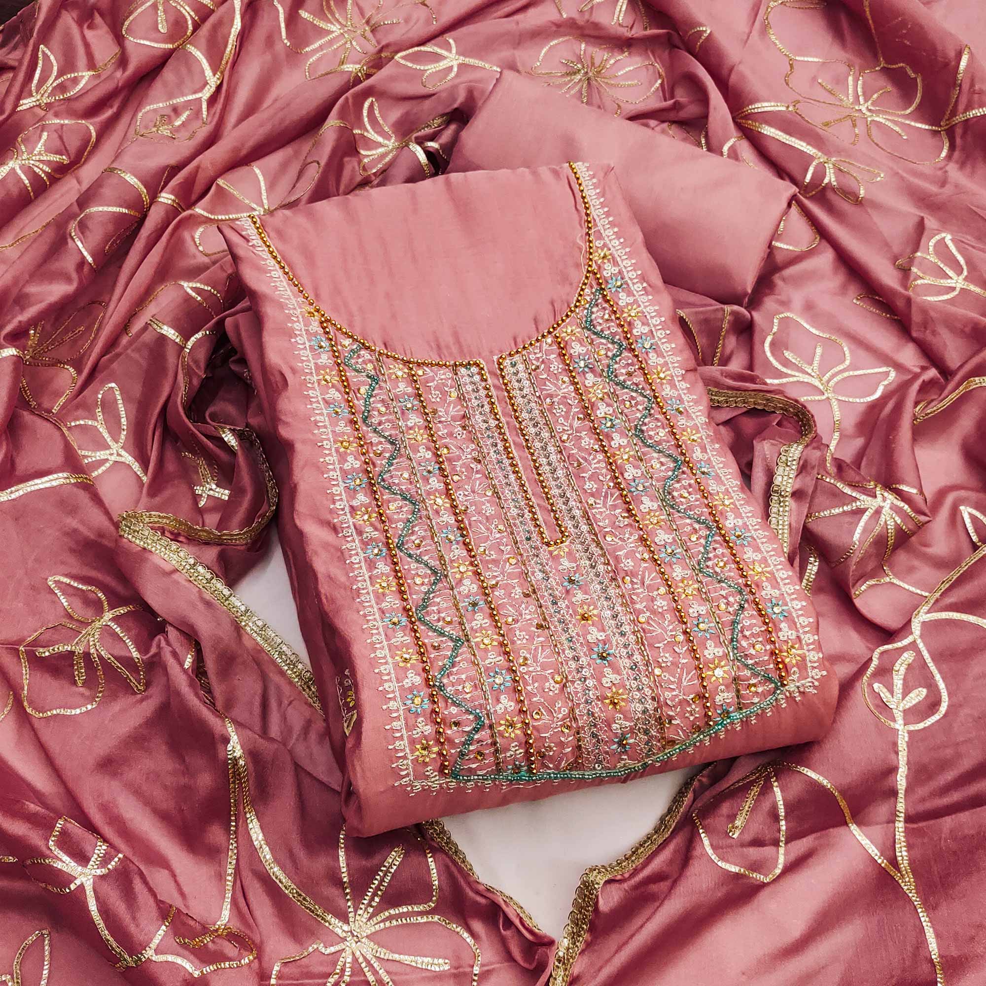 Peach Floral Sequins Embroidery With Handwork Cotton Silk Dress Material