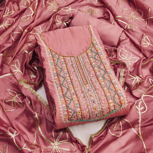 Peach Floral Sequins Embroidery With Handwork Cotton Silk Dress Material