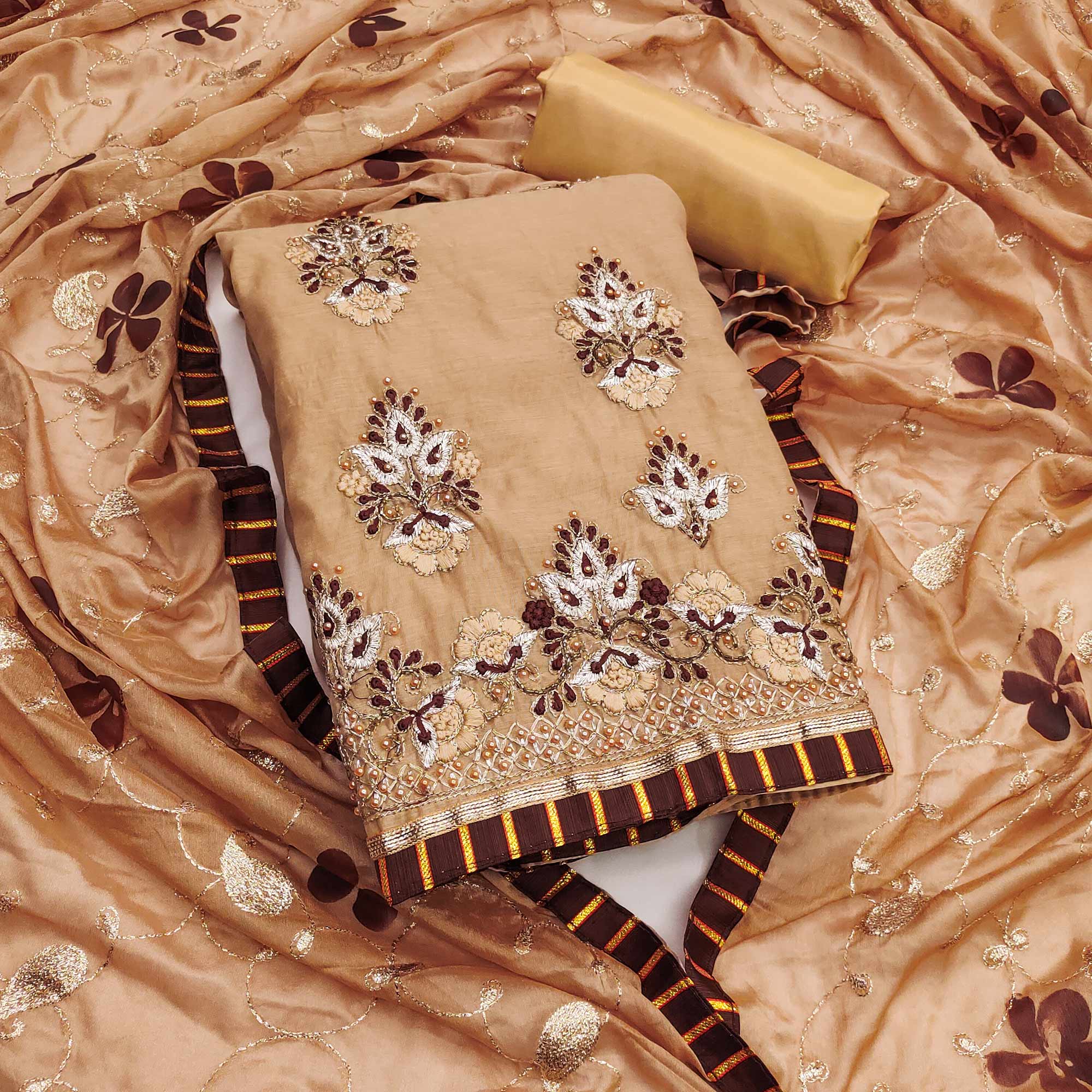 Chikoo Floral Embroidery With Moti Handwork Chanderi Silk Dress Material