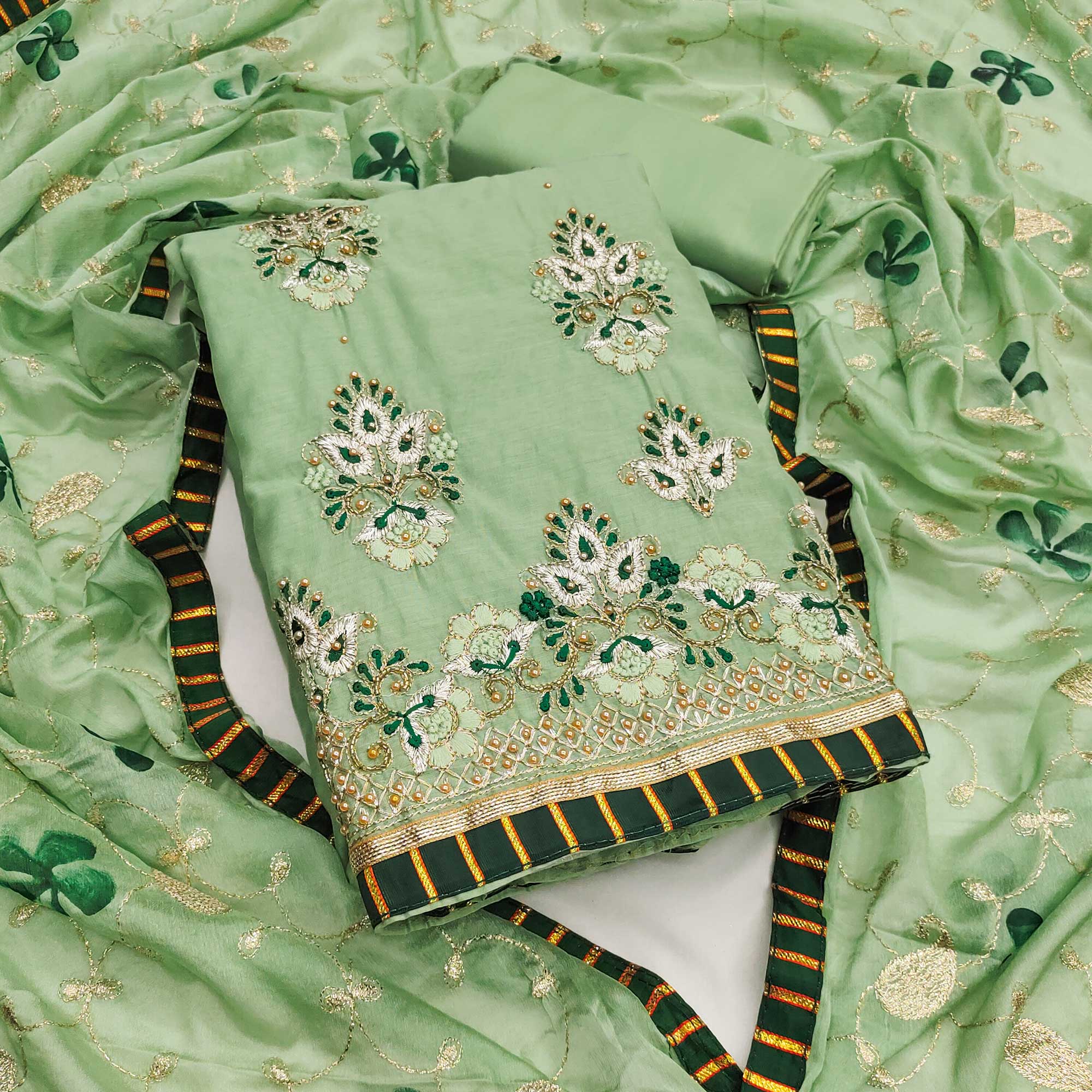 Green Floral Embroidery With Moti Handwork Chanderi Silk Dress Material