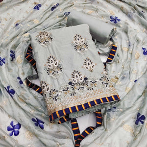 Grey Floral Embroidery With Moti Handwork Chanderi Silk Dress Material