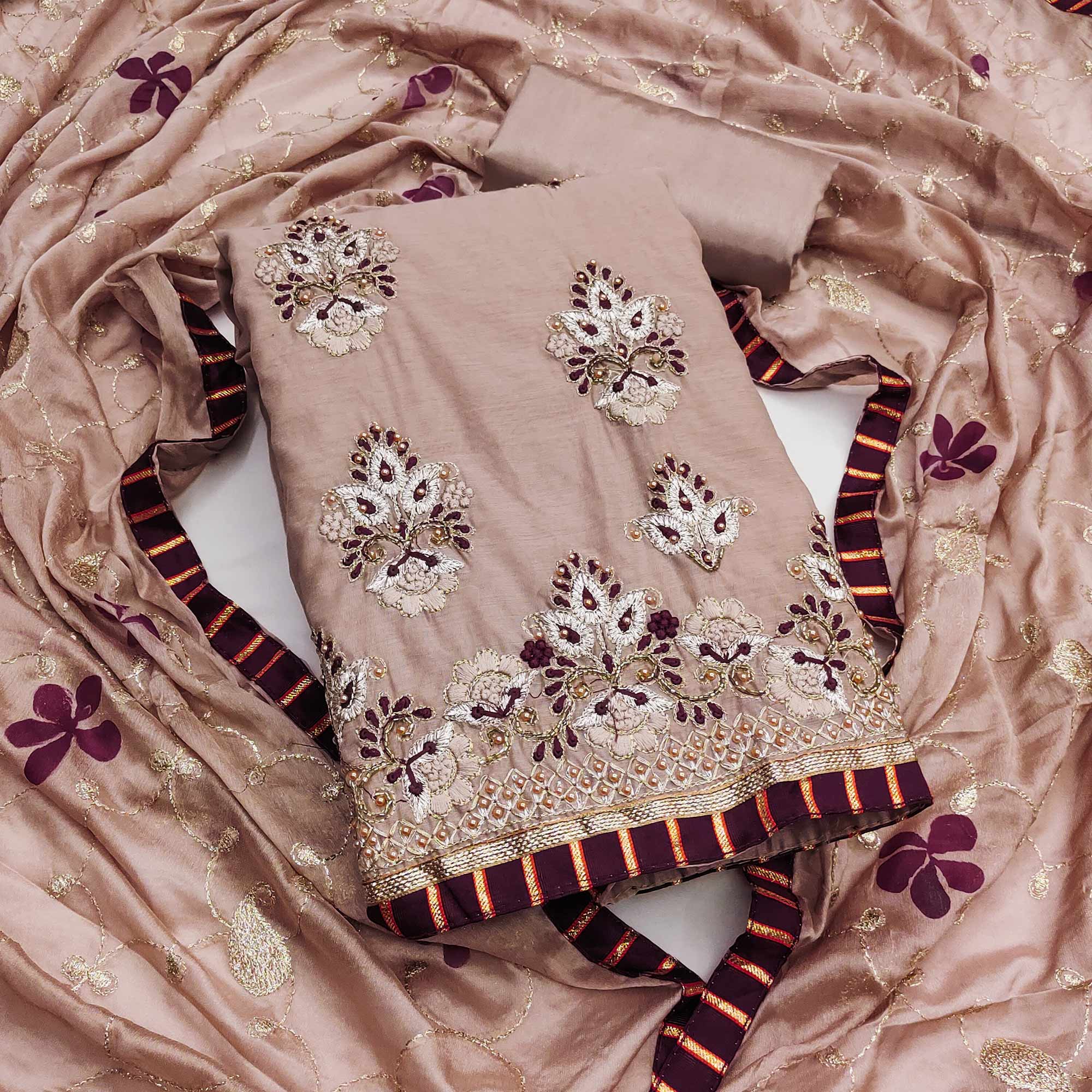 Light Brown Floral Embroidery With Moti Handwork Chanderi Silk Dress Material