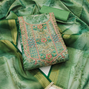 Green Floral Digital Printed With Moti Handwork Cotton Silk Dress Material