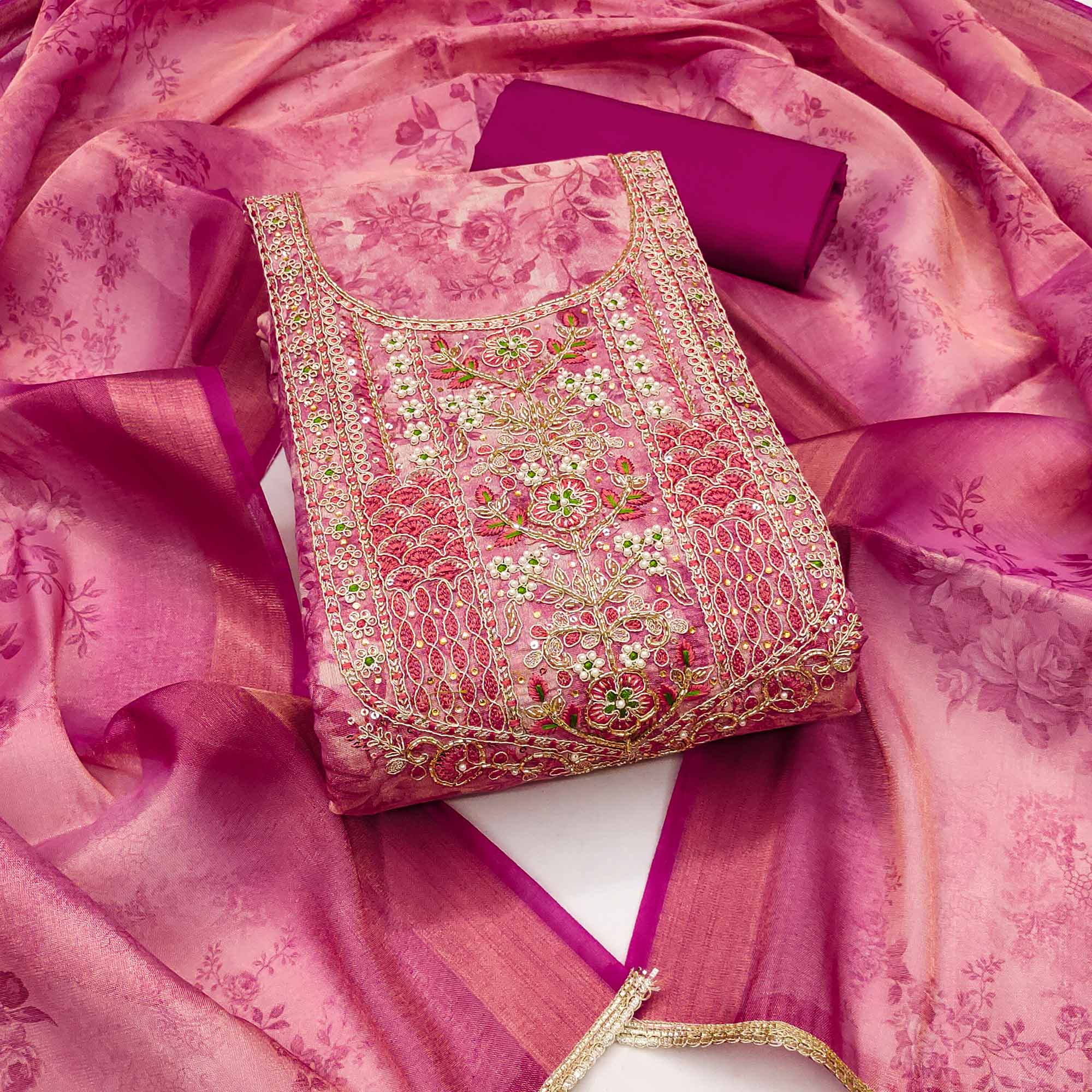 Rani Pink Floral Digital Printed With Moti Handwork Cotton Silk Dress Material