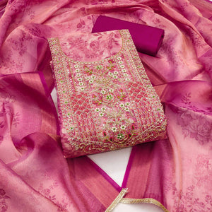 Rani Pink Floral Digital Printed With Moti Handwork Cotton Silk Dress Material