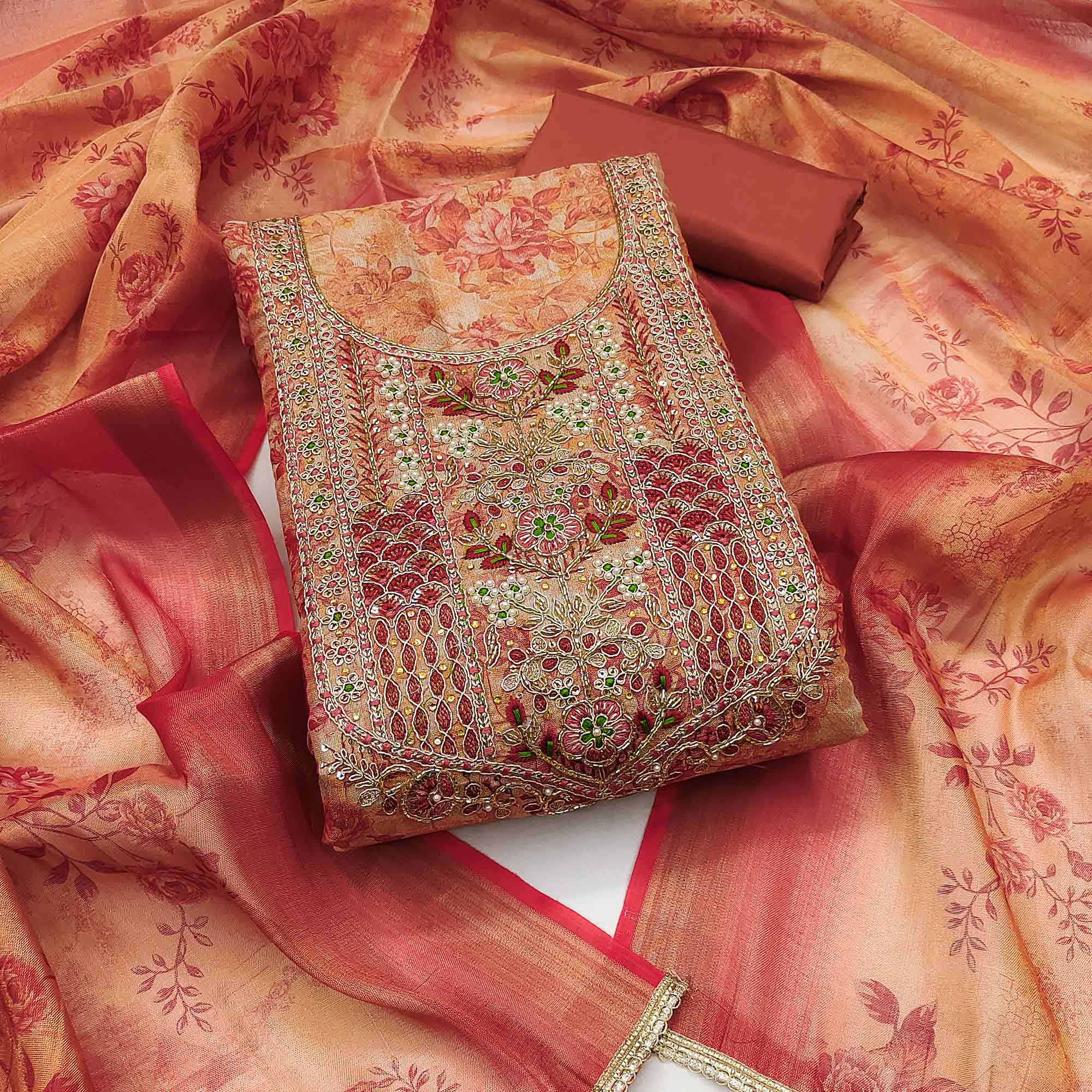 Rust Floral Digital Printed With Moti Handwork Cotton Silk Dress Material