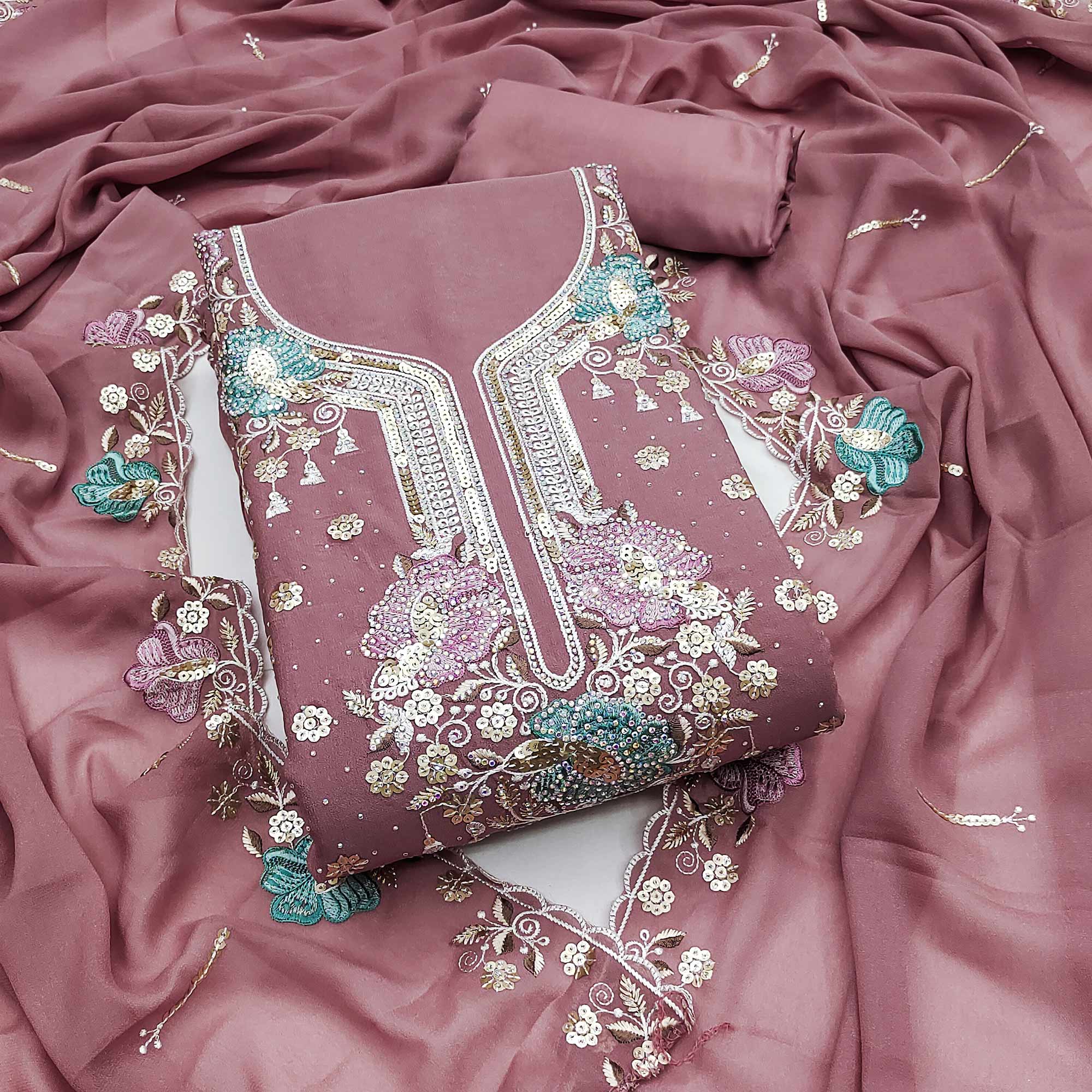 Dusty Pink Floral Sequins Embroidery With Stonework Dress Material In Viscose