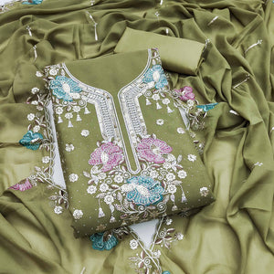 Green Floral Sequins Embroidery With Stonework Dress Material In Viscose