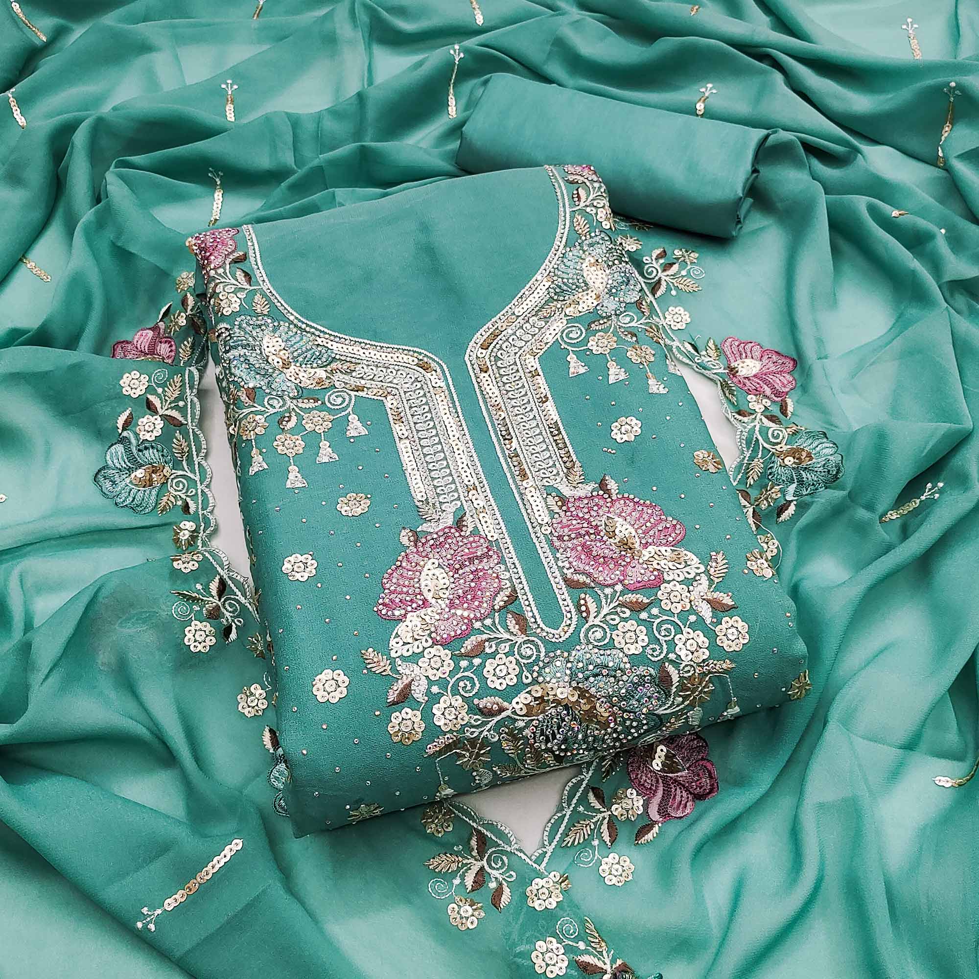 Turquoise Floral Sequins Embroidery With Stonework Dress Material In Viscose