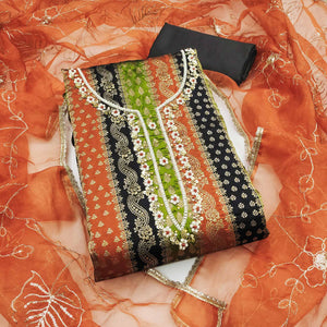 Black Banarasi Silk Jacquard Dress Material With Floral Woven Handwork Detailing