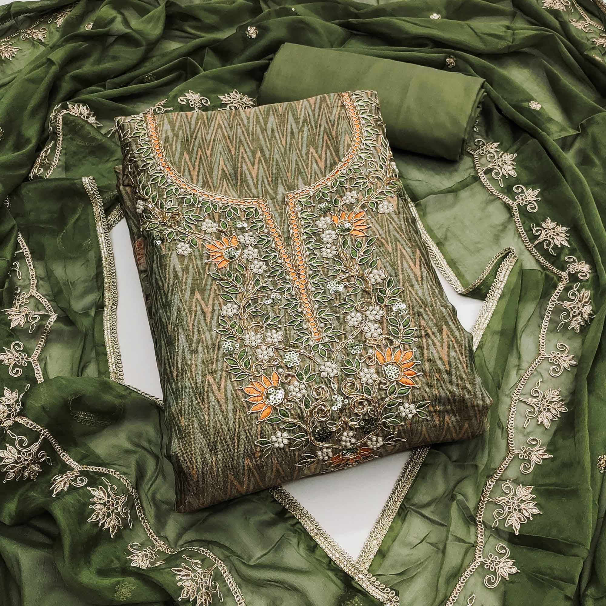 Festive Ready Green Dress Material in Cotton Silk with Exquisite Hand Embroidery