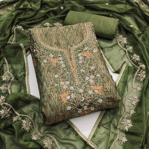 Festive Ready Green Dress Material in Cotton Silk with Exquisite Hand Embroidery