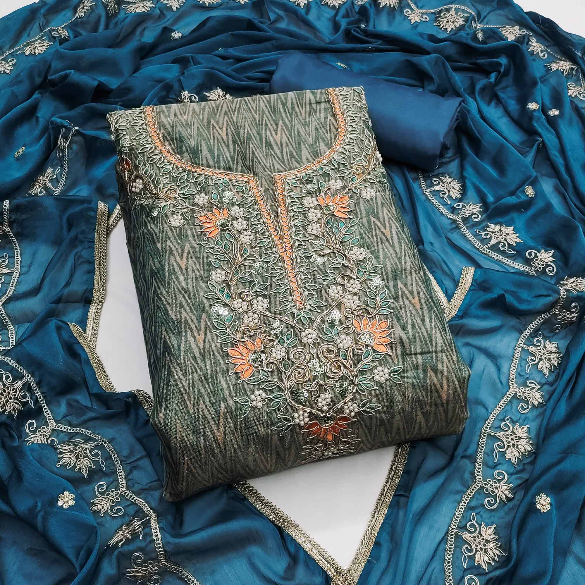 Festive Ready Teal Dress Material in Cotton Silk with Exquisite Hand Embroidery