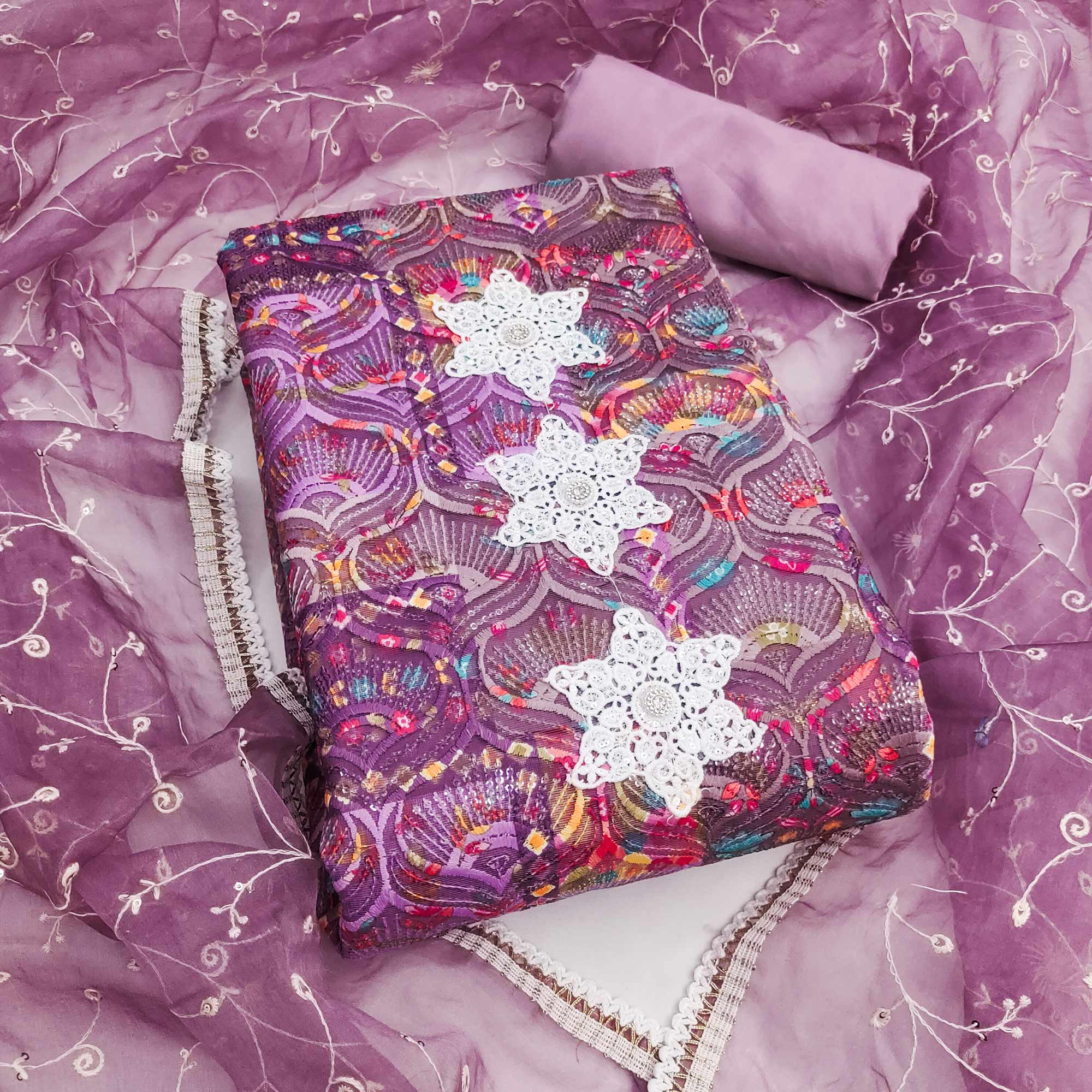 Festive Ready Purple Heavy Embroidered Dress Material in Roman Cotton Silk Fabric