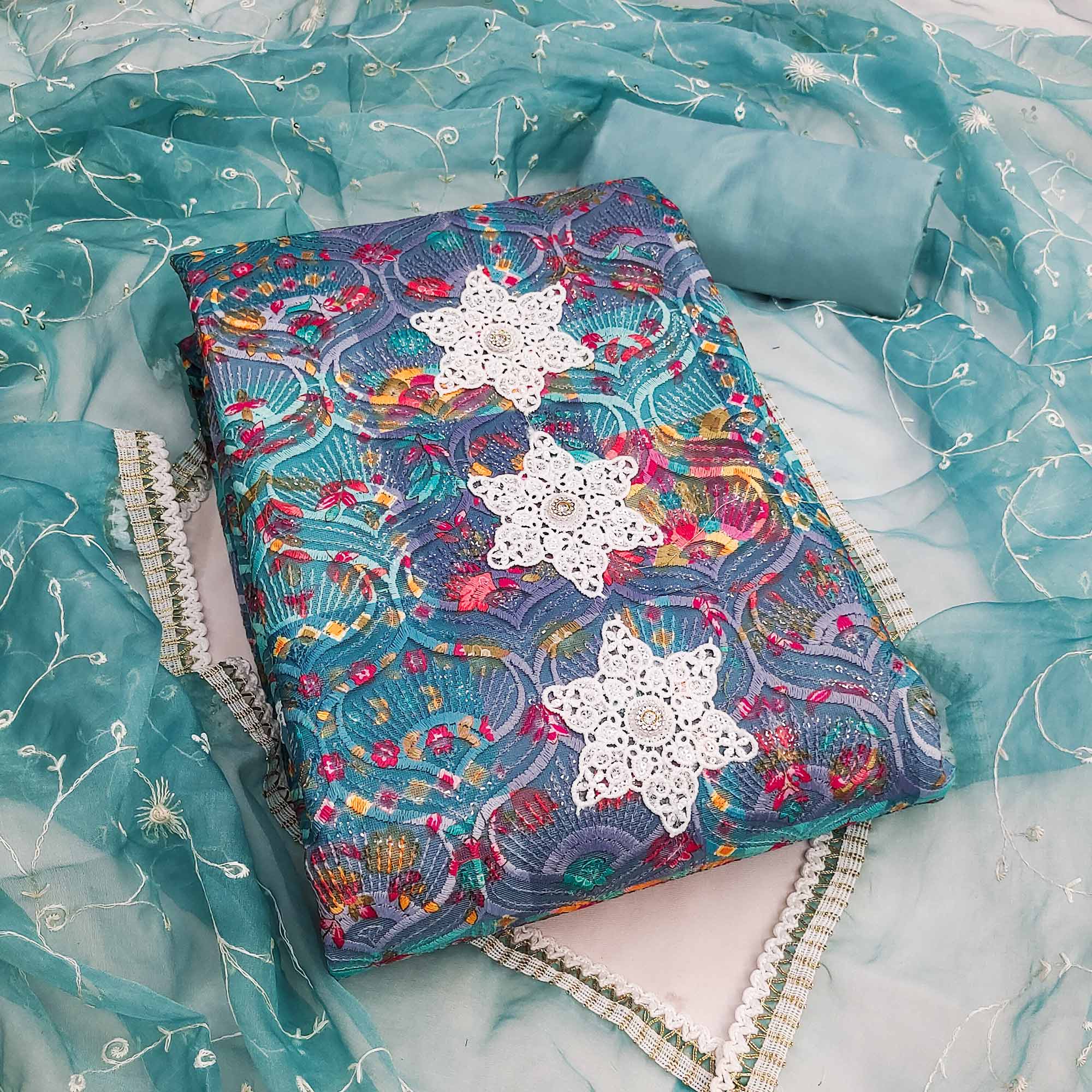 Festive Ready Teal Heavy Embroidered Dress Material in Roman Cotton Silk Fabric