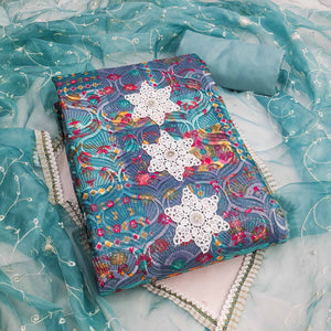 Festive Ready Teal Heavy Embroidered Dress Material in Roman Cotton Silk Fabric